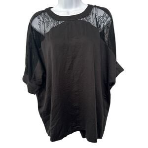 T.D.C Women's Relaxed Black‎ Slit Short Sleeve Lace Detail Round Neck Blouse Med